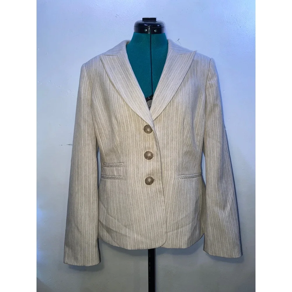 Evan-Picone Womens Beige Pinstripe 3-Button Blazer Jacket Professional Office
